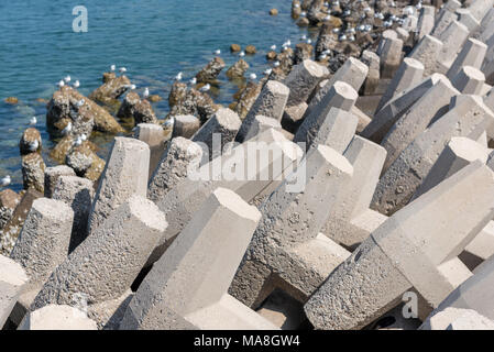 Tetrapods concreti sul fronte mare per prevenire erosione costiera Foto Stock