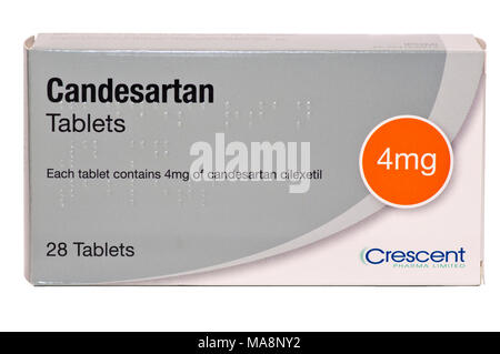 Scatola di 4mg Candesartan compresse di un antagonista del recettore di angiotensina II per il trattamento di ipertensione Foto Stock