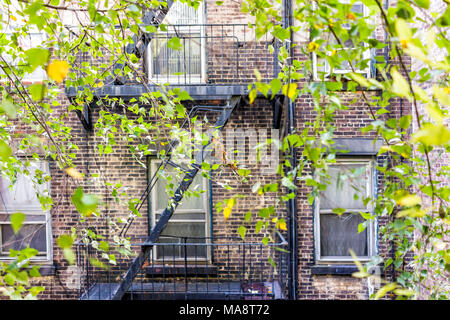 Mattone appartamento condominio architettura esterna a Chelsea, NYC, Manhattan, New York City con il fuoco sfugge, windows, Verde foglie di albero