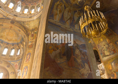 Dettaglio delle opere d'arte sulle pareti all'interno della cattedrale Saint Alexandar Nevski a Sofia, Bulgaria. Foto Stock
