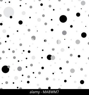 Modello senza soluzione di continuità con la polka dots di diverse dimensioni. colori bianco e nero. Semplice sfondo alla moda per striscioni, stampa su prodotti tessili, carta, tessuti. Retrò, in stile vintage 50s, 60s Illustrazione Vettoriale