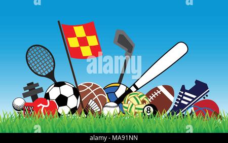 Il concetto di sport con attrezzature su erba verde e blu cielo Illustrazione Vettoriale