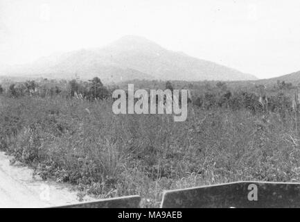 Fotografia in bianco e nero, girato dal retro di un veicolo, che mostra il erboso campagna vietnamita, con una grande collina o montagna sullo sfondo, fotografato in Vietnam durante la Guerra del Vietnam (1955-1975), 1971. () Foto Stock