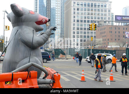 NEW YORK CIRCA NEL MARZO 2018. Ratto gonfiabili noti come Scabby Rat, essendo utilizzato dal sindacato dei lavoratori allo sciopero e protesta le condizioni di lavoro e i vantaggi nel west side di Manhattan dai cantieri Hudson Foto Stock