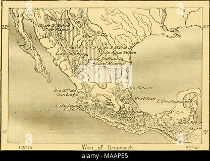. La terra e i suoi abitanti .. . II3°40 Wpst o GreenwicK 89°40- i v laghi di Chiusi bjsins. ^^-^-^^^-^- 620 miglia. la vasta estensione della sua area di drenaggio ; tuttavia, questo grande alveo è navigabile per alcune centinaia di chilometri al di là dei limiti della frontiera comune. Tutti che parte del Messico e che è compreso tra le due convergenti gamme di confine è anche troppo arido per tutti i suoi corsi d'acqua per unire in perenne ruscelli e raggiungere l'oceano attraverso il Rio Bravo o qualsiasi altro grande fiume. La maggior parte di loro, è troppo debole per superare le altezze di contenimento o intersecante la pianura, perdono la loro Foto Stock