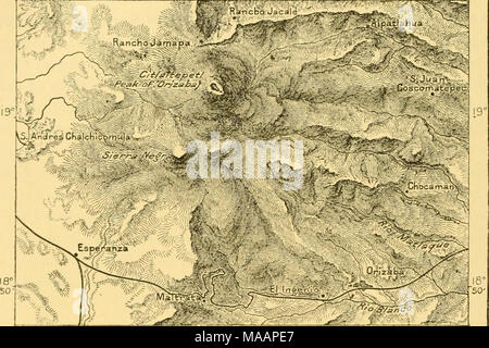 . La terra e i suoi abitanti .. . V'V&LT;==^t di CrpenW ch 9 Miglia. Coni parassiti sono cosparsi lungo le pendici di Orizaba, nonché sul circondano- ing pianure. Questi coni, da 400 a 500 piedi alto, assomigliano a grandi tumuli, e in effetti sono detti dai nativi per essere tumuli funerari eretto sui resti di antichi re. Tutti devono avere da tempo estinta, per ora sono vestita con crescite della foresta e i crateri stessi sono diventati riempita con una fitta vegeta- zione. Tuttavia ancora un cratere attivo si trova nel gruppo Derrumbaderos (10.300 piedi) sulla cresta di un cono vulcanico del nord- Foto Stock