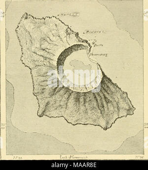 . La terra e i suoi abitanti .. . IViQ- 0tol6 piedi. Profondità. Da 16 a 160 piedi. 160 piedi e verso l'alto. 2.200 metri. sotto forma di un po' di un rettangolo regolare, il cui asse maggiore è disposto nella direzione da sud-est a nord-ovest. Sul lato ovest si sono verificati estesi smottamenti risultante in le rupi scoscese oltre 2.500 piedi alto, contro cui le onde battere con grande furia, in modo che raramente è possibile atterrare su questo lato. Il vertice, che raramente è salito, presenta una superficie paludosa punteggiato Foto Stock