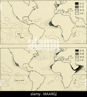 . La messa a terra sotto il mare : Storia . Fig. 23. Trasporto troposferico della polvere, come indicato dalla frequenza media di haze (aerosol secco) durante l'inverno del nord (mappa superiore) e l'estate (mappa inferiore). Fre- quencies sono date in per cento del totale niumber di osservazioni. (Da Arrhenius, 1959.) Pliocene, seguita da condizioni suggerendo una sequenza di epoche con fortemente aumentata intensità dei venti zonali durante il Pleistocene superiore (Fig. 24). Eolian polvere contiene poco materiale nel range di dimensioni al di sotto di uno o pochi micron (Fig. 25) Pur sedimenti pelagici mostrano spesso un secondario maxi- mamma in Foto Stock