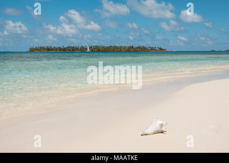 Spiaggia di sabbia bianca e acqua cristallina e il palm tree island e barca a vela Foto Stock