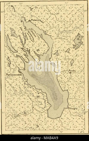 . La terra e i suoi abitanti .. . Profondità in Fnthoms. Sotto 13. Oltre 27. A 25 miglia a sud-est attraverso il nuovo letto. Ma la sua forma fluviale rende probabile che in una precedente epoca geologica il Suvando aveva già ricevuto le acque del Wuoxen. Come Onega e Peipus, Ladoga era precedentemente ben più ampia anche rispetto a quello attuale, per la sua bassa e quasi brulla sponde meridionali sono costituiti da argille, sabbie e ghiaie contenenti grandi quantità di irregolare di pietre di ogni dimensione, dai semplici ciottoli di enormi massi. Da queste basse rive del letto del lago cade impercettibilmente verso Foto Stock