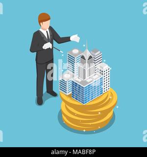 Appartamento 3D isometrica imprenditore usare la magia per costruire l'edificio aziendale sul denaro monete. Il successo aziendale e immobiliare di concetto. Illustrazione Vettoriale