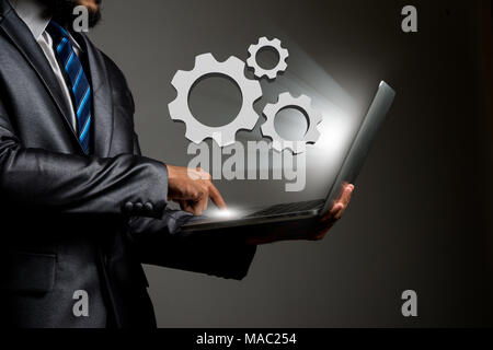 Imprenditore può contenere notebook con impostazione icona simbolo. Foto Stock