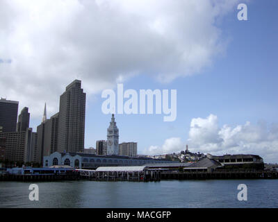 San Francisco - Marzo 25, 2010: la Porta di San Francisco Ferry Building, Coit Tower, paesaggio urbano del centro cittadino di San Francisco in un giorno chiaro con uccelli in th Foto Stock