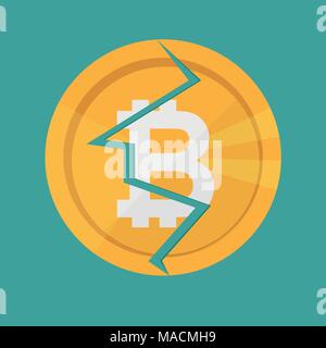 Crypto valuta internet Bitcoin denaro virtuale. Icona del vettore del bitcoin cryptocurrency digitale. Il crack in moneta, distruzione, finanza rotto Illustrazione Vettoriale