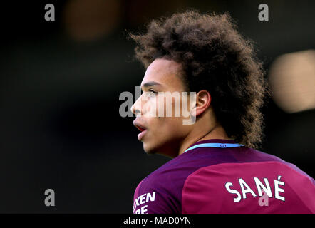 Manchester City's Leroy sane durante il match di Premier League a Goodison Park di Liverpool. Foto Stock