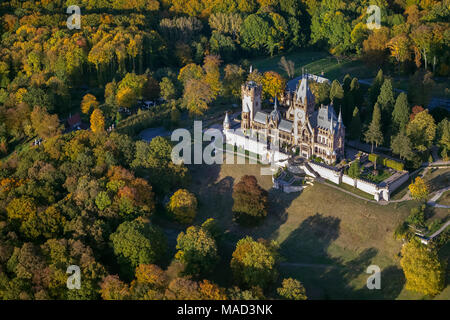 ,Vista Aerea, autunno, sul Reno, dragon rock, castello Drachenburg, Siebenbirge, Königswinter, Renania, Renania settentrionale-Vestfalia, Germania, Europa Foto Stock