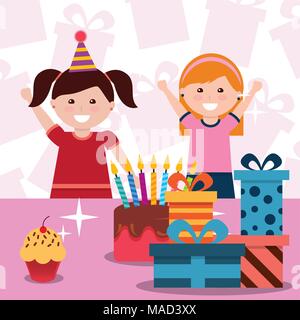 Carino due ragazza con party hat torta e confezioni regalo - i bambini buon  compleanno Immagine e Vettoriale - Alamy