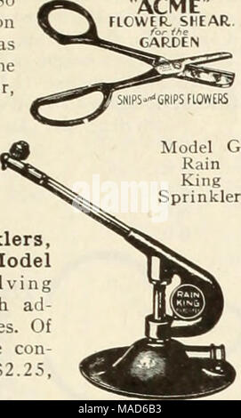 . Dreer semi di piante bulbi per la piantagione di estate . Modello D pioggia re sprinkler ugello regolabile pioggia modello RE G. attract- ive tipo girevole irrigatore che offre un buon volume di acqua su una ragionevole area in un modo più efficace. Postpagato, $3.50. Doppia Sprink rotante- ler. Uno dei più noti di sprinkler molto in evidenza sul putting green del golf. Copre un raggio di da 15 a 40 piedi a seconda della pressione. Postpagato, doppio irroratore rotante $12.50. Foto Stock
