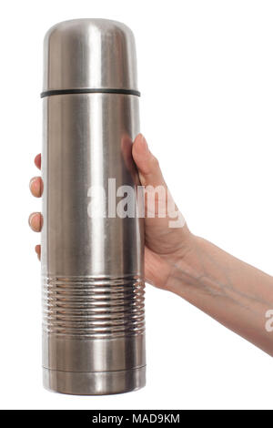 Mano azienda thermos in metallo isolato su sfondo bianco. Foto Stock