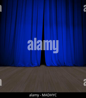 Teatro Tenda blu leggermente aperto e stadio di legno o scena Foto Stock