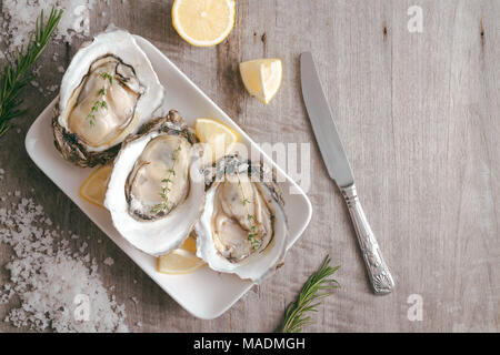 Aprire le ostriche, limone su grigio tavolo di pietra. Mezza dozzina. Con spazio di copia Foto Stock