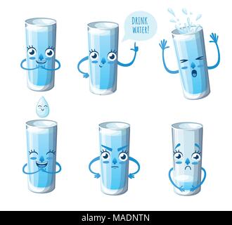 Set di vetro con acqua. Stile Cartoon character design. Il Mascot con diverse emozioni. Bere più acqua. Illustrazione di vettore isolato su bianco backg Illustrazione Vettoriale