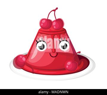 Carino trasparente rosso ciliegia jelly su una piastra. Stile Cartoon character design. Il Mascot Con volto sorridente. Gelatina di frutta dolce gusto cherry. Vettore Illustrazione Vettoriale