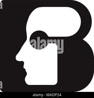 Font inglese lettera maiuscola B b Logo logotipo - il volto umano del robot cyborg, per computer, tema scienza etc, in stile retrò. Illustrazione Vettoriale