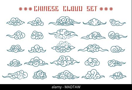 Nuvole cinese. Asian swirl set cloud, Oriental tattoo schizzo design elementi del vettore Illustrazione Vettoriale