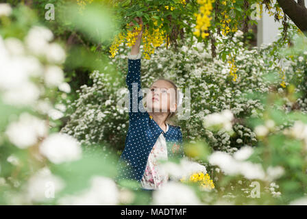 Bellissima bambina raccoglie bouquet di fiori tra la vegetazione di fioritura in primavera Foto Stock