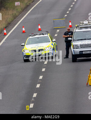 A27, Pevensey, East Sussex, Regno Unito. Il 31 marzo 2018. Sussex la polizia continua ad indagare odierna a seguito di incidenti stradali che coinvolgono una moto che si è verificato sulla A27 tra Kings Cross e Pevensey. Credito: Alan Fraser Foto Stock