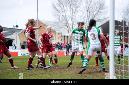 Il primo di aprile 2018, Viridor Stadium, Taunton, Inghilterra: i giocatori guarda il quarto obiettivo di Liverpool andare in segnati da Betania Inghilterra di Liverpool (C) durante il WSL match tra Yeovil Town FC Signori e Signore di Liverpool FC, all'Viridor Stadium. © David Partridge / Alamy Live News Foto Stock