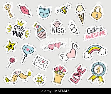 Fashion girly stickers set. Raccolta di disegnati a mano fancy doodle perni, patch badge. Vettore illustrazione alla moda. Illustrazione Vettoriale