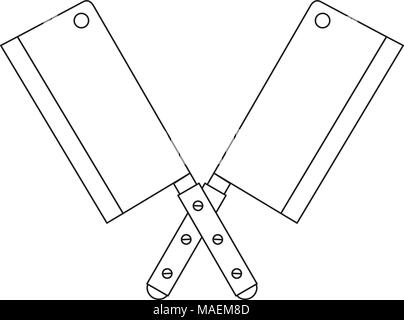 Line art in bianco e nero attraversato due coltelli bbq. La cottura di illustrazione vettoriale per la carta regalo certificato adesivo banner, badge, firma timbro, logo, etichetta Illustrazione Vettoriale