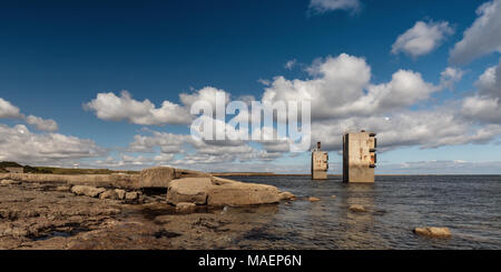 Due torri del mare vicino alla centrale nucleare di Torness, Skateraw Bay, East Lothian, Scozia Foto Stock