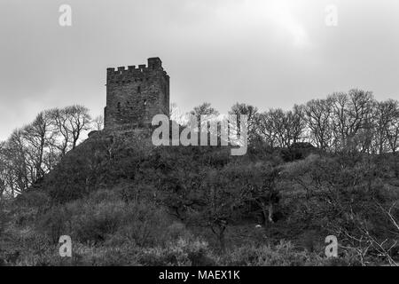 Un'immagine monocromatica di Castell Dolwyddelan vicino Moel Siabod, Snowdonia Foto Stock