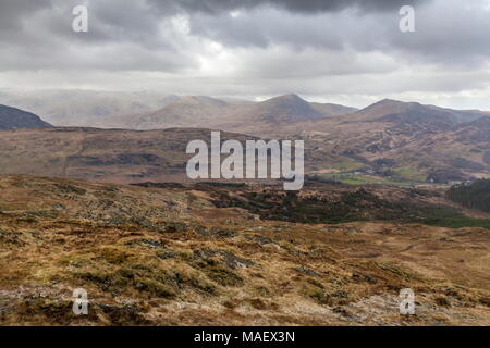 Una tempesta di neve passa sopra il Carneddau mountain range in Snowdonia Foto Stock