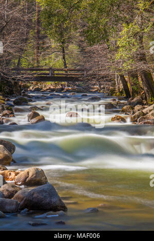 Il fiume Merced scorre attraverso la valle di Yosemite al mattino presto sun. Foto Stock