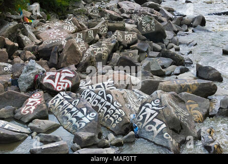 Rocce dipinte con parole di preghiera nel fiume, Tagong, western Sichuan, Cina Foto Stock