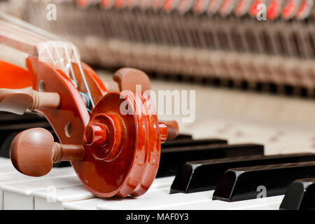 Violino tune chorus testa sui tasti di pianoforte sullo sfondo Foto Stock