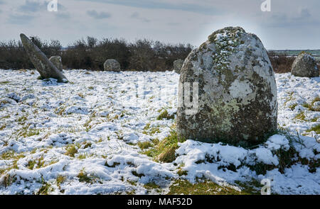 Boscawen-Un Stone Circle. Neolitico all'età del bronzo. Credeva di essere un importantissimo Età del Bronzo sito cerimoniale. Nelle immediate vicinanze di San Buryan, Cornwall Foto Stock