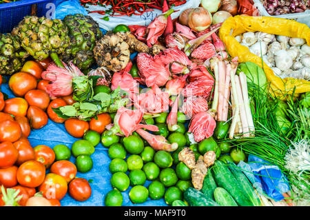 Abbondanza di erbe e verdure visualizzato in un locale mercato indonesiano nel nord di Sumatra Foto Stock