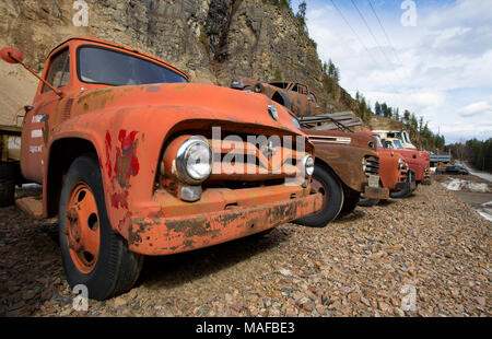 Un vecchio, rosso 1955 Ford F-500 carrello tra una fila di vecchi camion, in una cava di pietra, a est di Clark Fork Idaho. Foto Stock