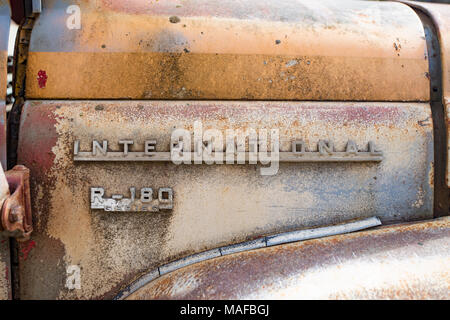 Cromata 'R-180 Series' logo sopra il parafango su un 1954 Internazionale di R-180 serie autocarro con cassone ribaltabile, in una vecchia cava, a est di Clark Fork Idaho. Foto Stock