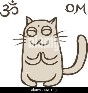 Cartoon cat Tik raggiunto l'illuminazione. Om simbolo e segno. Illustrazione Vettoriale. Carino il carattere di pet. Illustrazione Vettoriale