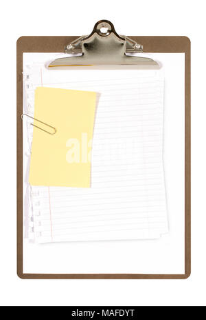 Appunti ordinario con carta comune e yellow sticky notes isolato su uno sfondo bianco. Spazio per la copia. Foto Stock