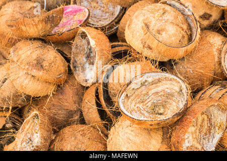 Pila di scartare i gusci di noce di cocco Foto Stock