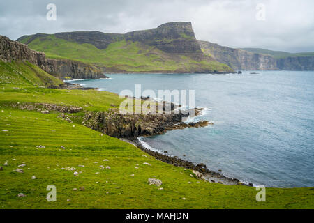 Scenic scogliere vicino Neist punto nell'Isola di Skye in Scozia. Foto Stock