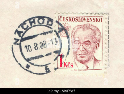 Gustav Husak ha (1913-1991), presidente, sul timbro ceca, stampato a Praga, 1988, la Cecoslovacchia (Repubblica Ceca) Foto Stock