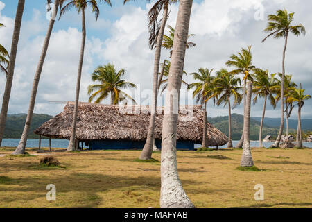 Capanna, bungalow sotto le palme sull isola vicino alla spiaggia Foto Stock